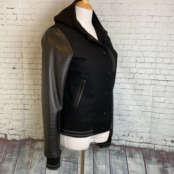 Nike NSW Black Leather Wool Hooded Destroyer Varsity Bomber Jacket Sz S Preppy - Picture 10 of 16